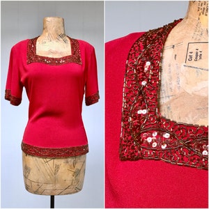 Vintage 1940s Red Rayon Crepe Beaded Blouse, 40s Crimson Short Sleeve Cocktail Top, Small 34 Bust, VFG image 1