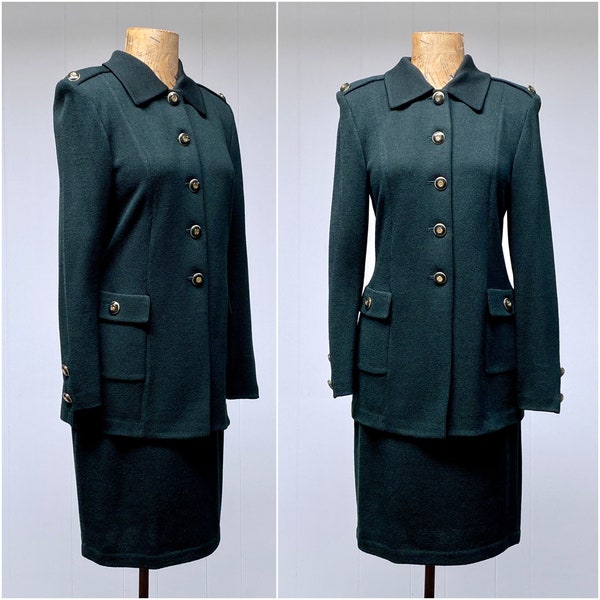 Vintage St. John Collection by Marie Gray Skirt Set, Forest Green Military Style Jacket & Pencil Skirt, Santana Knit Wool/Rayon Blend, Small