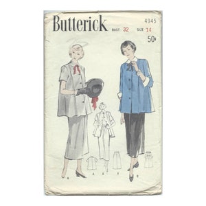 May include: Vintage Butterick sewing pattern, featuring illustrations of women's suits and coats. The pattern includes a bust size of 32 and size 14. The cover art showcases a light gray suit with a matching skirt and a blue coat with white cuffs.