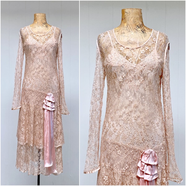 Vintage 1920s Blush Pink Lace Evening Gown, Sheer Art Deco Drop-Waist Bias Cut Dress - Wedding Party - Special Occasion, 34" Bust, VFG