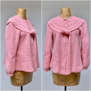 Vintage 1950s Pink Knit Bed Jacket, 50s Acrylic Swing Cardigan, Crochet Folk Sweater, Medium-Large, VFG image 1