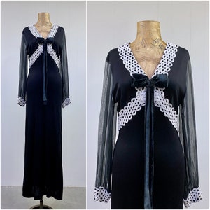 Vintage 1960s Black Empire Waist Maxi w/Guipure Lace, 60s Goth Prom Dress, Polyester Jersey Gown, Small 36 Bust image 1