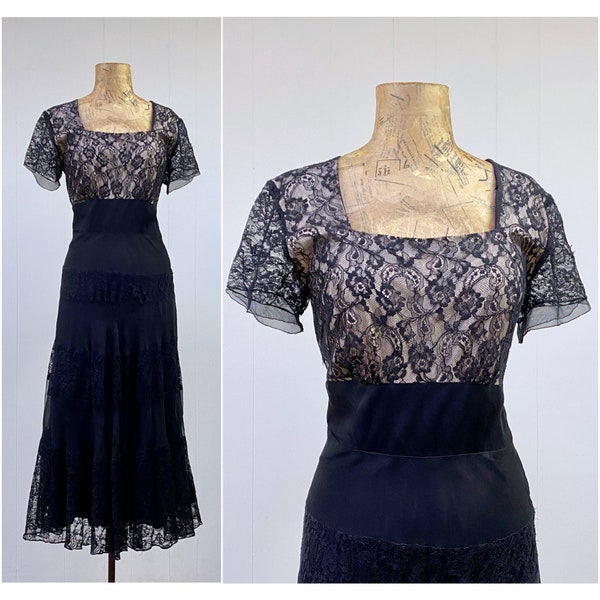 Vintage 1940s Peggy Hunt Black Rayon Lace Dress, Tea Length, Empire Illusion Bodice, Full Tiered Skirt, Medium 38" Bust