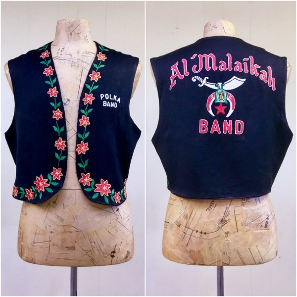 Vintage 1950s 1960s Shriners Vest, Black Wool Chain-Stitch Embroidery, Al Malaikah Polka Band, Los Angeles Temple, Medium 42" Chest, VFG