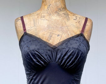 Vintage 1950s Embroidered Black Dress Slip, 50s Nylon Pin-Up Lingerie, Extra Small 32" Bust, VFG