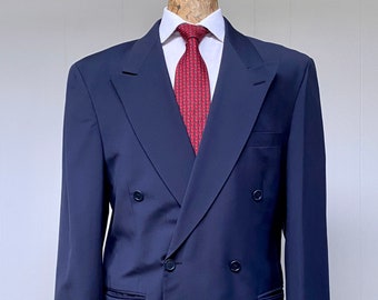 Vintage Cacharel Pour L'Homme Navy Blue Double-Breasted Blazer, Tropical Weight Wool Sport Coat with Peak Lapels, Size 42R, VFG