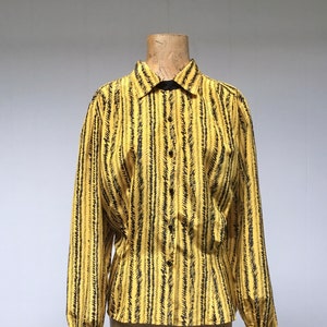 Vintage 1980s New Wave Blouse, 80s Marigold Long Sleeve Crosshatch Striped Polyester, Modest Neil Martin Office Attire, Medium to Large, VFG image 5