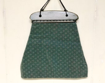 Vintage 1950s Green Fabric Purse, Calico Wooden Frame Handbag