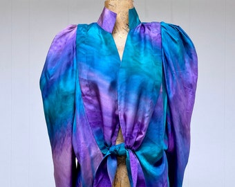Vintage 1980s Shebue Tie Dye Silk Wearable Art Jacket, Green Blue Purple Puffed Sleeve Boutique Designer Wrap, Small to Medium