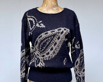 Vintage 1980s Paisley Pullover, 80er Schwarz w/Metallic Gold und Silber Glam Pullover, 80er Slouchy Strick Pullover, Medium, VFG