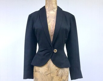 Vintage 1950s Black Wool Hourglass Jacket, Fitted New Look Blazer w/Princess Seams and Shawl Collar, Small/Medium 36" Bust, VFG