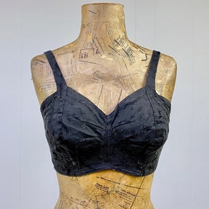 Vintage 1950s Black Floral Cotton Bullet Bra 36C, Love-é Studios of Hollywood Custom Fitted Brassiere, Mid-Century Rockabilly Pin-Up, VFG