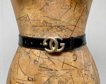 Vintage 1970s/1980s GUCCI Black Patent Leather Belt with Interlocking Gs Gold Tone Metal Buckle, Fits 25 to 30" Waist, VFG