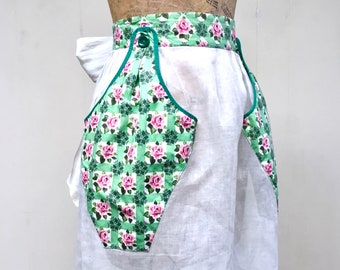 Vintage 1950s Hostess Apron, Mid-Century Sheer White Voile Half Apron with Oversized Novelty Print Pockets