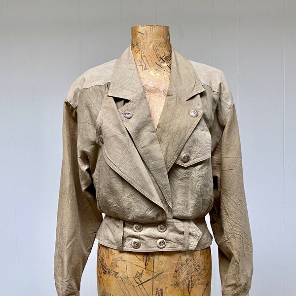 Vintage 1980s Khaki New Romantic Jacket, 80s Slouchy Cropped Trench Coat, Platinum by Dorothy Schoelen Military Style Coat, Small, VFG