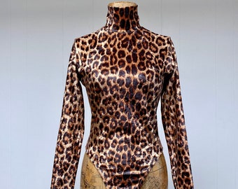 Vintage 1990s Leopard Panne Velvet Bodysuit, 90s Stretchy Long Sleeve Animal Print Turtleneck Leotard w/High Cut Leg, Small 34" Bust, VFG