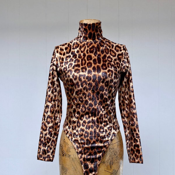 Vintage 1990s Leopard Panne Velvet Bodysuit, 90s Stretchy Long Sleeve Animal Print Turtleneck Leotard w/High Cut Leg, Small 34" Bust, VFG