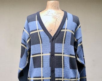 Vintage 1980s Men's Cardigan, 80s Blue Gray Plaid Acrylic Sweater, Oversized New Wave Knit w/Drop Shoulders, Large 48" Chest