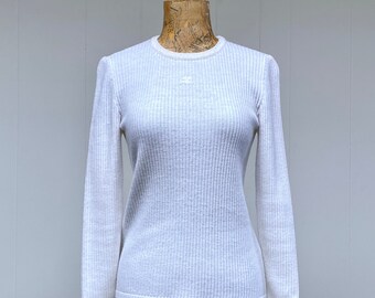 Vintage 1970s White Ribbed Courrēges Top, 70s Long Sleeve Acrylic Knit Pullover, Small 34" Bust