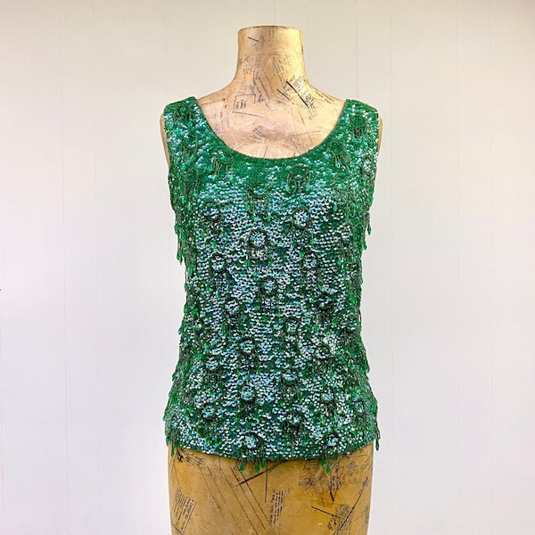 Vintage 1960s Green Sequin Beaded Shell, 60s Fancy Emerald Wool Knit Sleeveless Cocktail Top, Made in Hong Kong, Small, VFG