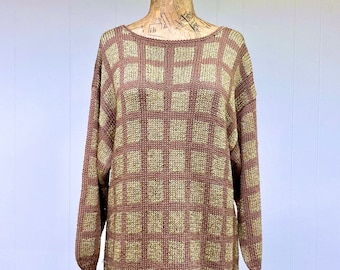 Vintage 1980s Glam Pullover Sweater, 80s Brown and Gold Metallic Tunic, Slouchy Oversized New Wave Nannell Knit, Medium 44" Bust, VFG