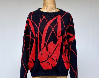 Vintage 1980s Slouchy Sweater, Novelty Knit, Black w/ Red Metallic Leaf Pattern Acrylic Pullover, 46" Bust Medium, VFG
