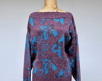 Vintage 1980s Slouchy Boat Neck Pullover, 80s Paisley Floral Acrylic Knit, Heathered Mauve/Turquoise New Wave Sweater, Medium-Large