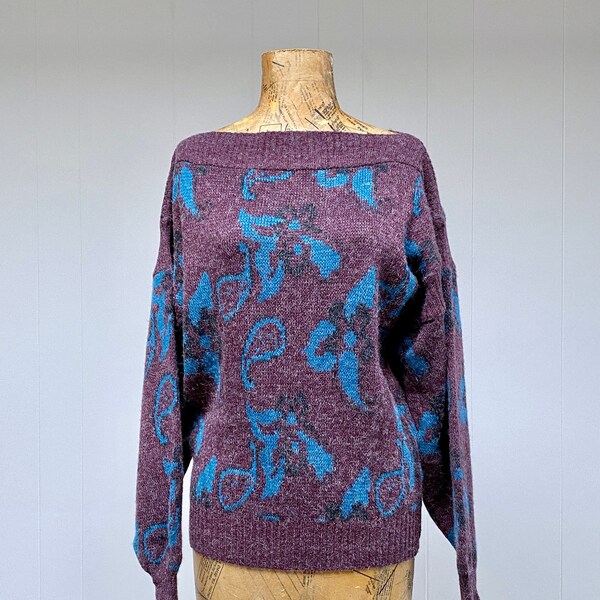 Vintage jaren 1980 slouchy boothals trui, jaren '80 Paisley bloemen acryl breisel, gemêleerde mauve/turquoise New Wave trui, medium-groot