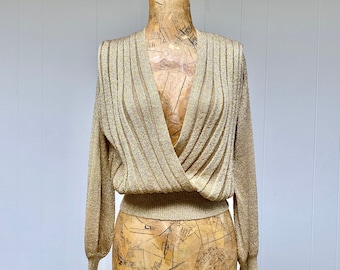 Vintage 1970s Gold Lurex Knit, Rock Star's Girlfriend Sweater, Sexy Ribbed Plunging V Neck Top, Long Sleeve Metallic Pullover, M to L, VFG