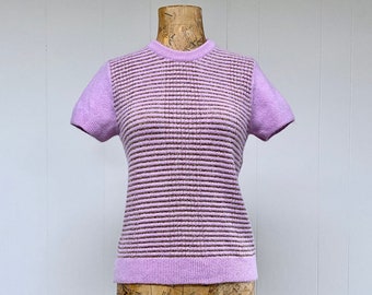 Vintage 1980s Lilac Angora Blend Sweater, Metallic Gold Striped Short Sleeve Pullover, Rockstar's Girlfriend Knit, Small to Medium