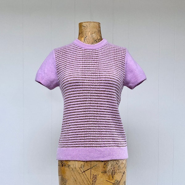 Vintage 1980s Lilac Angora Blend Sweater, Metallic Gold Striped Short Sleeve Pullover, Rockstar's Girlfriend Knit, Small to Medium