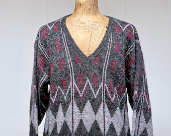 Vintage 1980s Slouchy V Neck Sweater, 80s Gray Geometric Pattern Acrylic/Wool Grunge Grandpa Pullover, Made in Italy, 52" Chest, VFG