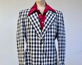 Vintage 1970s Black and White Cotton Sport Coat, 70s Wide Lapel Preppy Hipster Jacket, Large 44" Chest, VFG