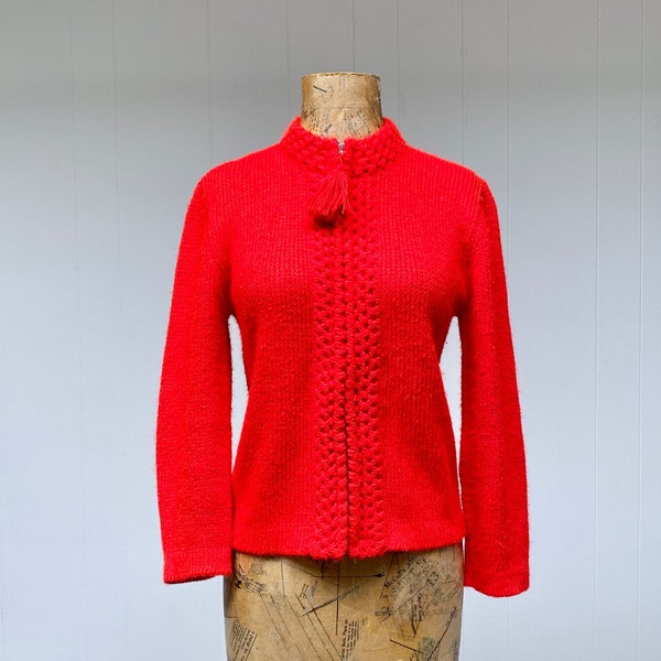 Vintage 1960s Red Acrylic Zippered Cardigan, 60s Sweater, Mid-Century Knit, Small-Medium 36" Bust, VFG