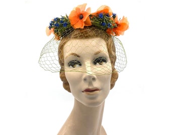Vintage 1960s Small Floral Hat, Poppies/Cornflowers, Mid-Century Spring/Summer Fashion, Saks Fifth Avenue Mini Pillbox Hat, One Size, VFG