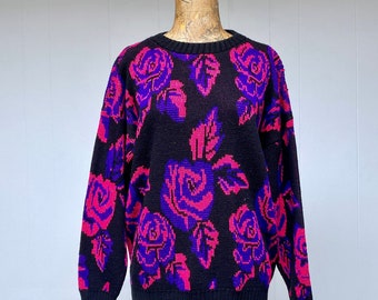 Vintage 1980s Slouchy Dark Floral Sweater, Black Pink Purple Metallic Roses Pullover, New Wave Acrylic Novelty Knit, 44" Bust Medium, VFG