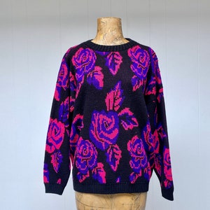 Vintage 1980s Slouchy Dark Floral Sweater, Black Pink Purple Metallic Roses Pullover, New Wave Acrylic Novelty Knit, 44 Bust Medium, VFG image 1