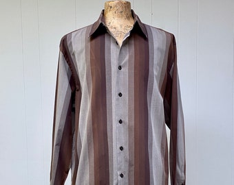 Vintage Perry Ellis Brown Striped Cotton Men's Shirt, Relaxed Fit Long Sleeve, XXL 52" Chest