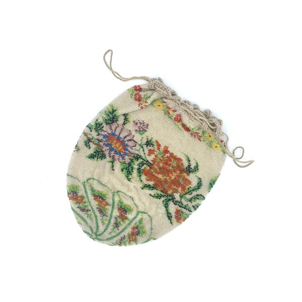 Antique 1910s 1920s Micro-Beaded Reticule Purse, Floral Evening Bag, Edwardian/Flapper Drawstring Pouch