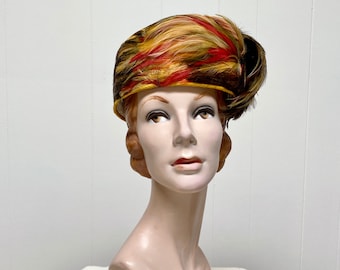 Vintage 1960s Coque Feather Hat, 60s Gold Velour Pillbox with Earthtone Trim and Netting, Mid-Century Toque, Size 21 3/4", VFG