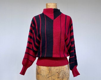 Vintage 1980s Red and Black Striped Sweater, 80s Acrylic Batwing Sleeve Pullover, New Wave Style Knit, Small-Medium
