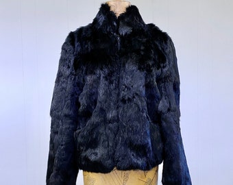 Vintage 1980s Black Rabbit Fur Coat, Wilson's Zippered Fur Jacket, Mob Wife Style, Small to Medium, VFG