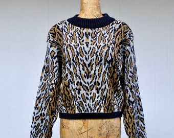 Vintage 1980s Leopard Spot Sweater, 80s Cropped Boxy Acrylic New Wave Knit Pullover, Medium, VFG
