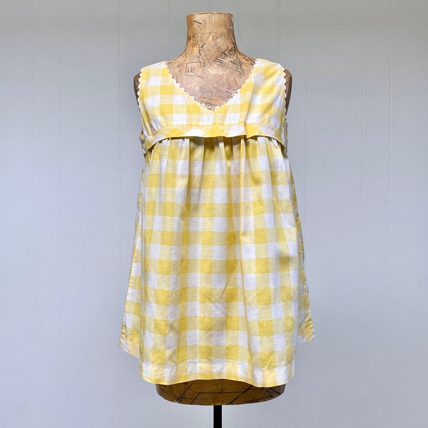 Vintage 1960s Yellow and White Gingham Check Maternity Top, 60s Sleeveless Summer Blouse, Small, VFG