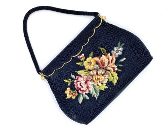 Vintage 1950s Black Micro-Beaded Petitpoint Evening Bag, Handmade Top Handle Purse with Floral Needlepoint, VFG