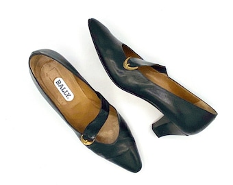 Vintage 1980s Black Leather Bally of Switzerland Pumps, 80s Designer Heels Made in Italy, US Size 9 N, VFG