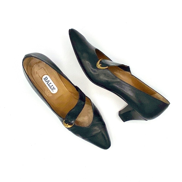 Vintage 1980s Black Leather Bally of Switzerland Pumps, 80s Designer Heels Made in Italy, US Size 9 N, VFG