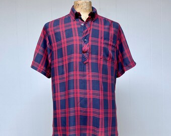 Vintage 1960s Hollywood Rambler Casual Shirt, MCM Navy/Red Plaid Short Sleeve Oxford Collar Shirt, Large 48" Chest, VFG