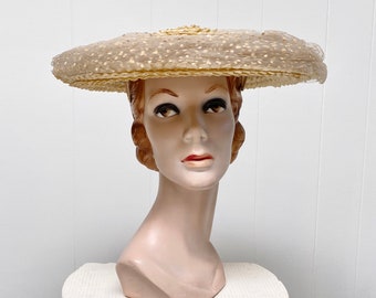 Vintage 1950s Ivory Cello Straw Platter Hat, New Look Cartwheel Hat w/Tulle Trim, Wide Brim Summer Garden Party Boater, One Size, VFG