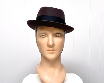 Vintage 1950s Stetson Brown Wool Felt Stingy Brim Fedora, Mid-Century Trilby / Porkpie Hat, 22" Medium Size 7